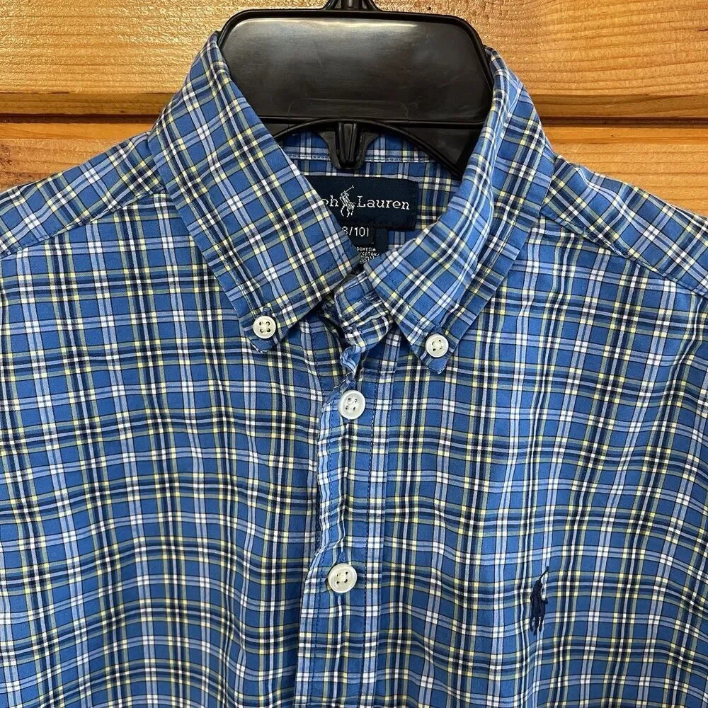 Ralph Lauren Pony Plaid Blue Yellow White Short Sleeve Button Up Shirt S 8/10